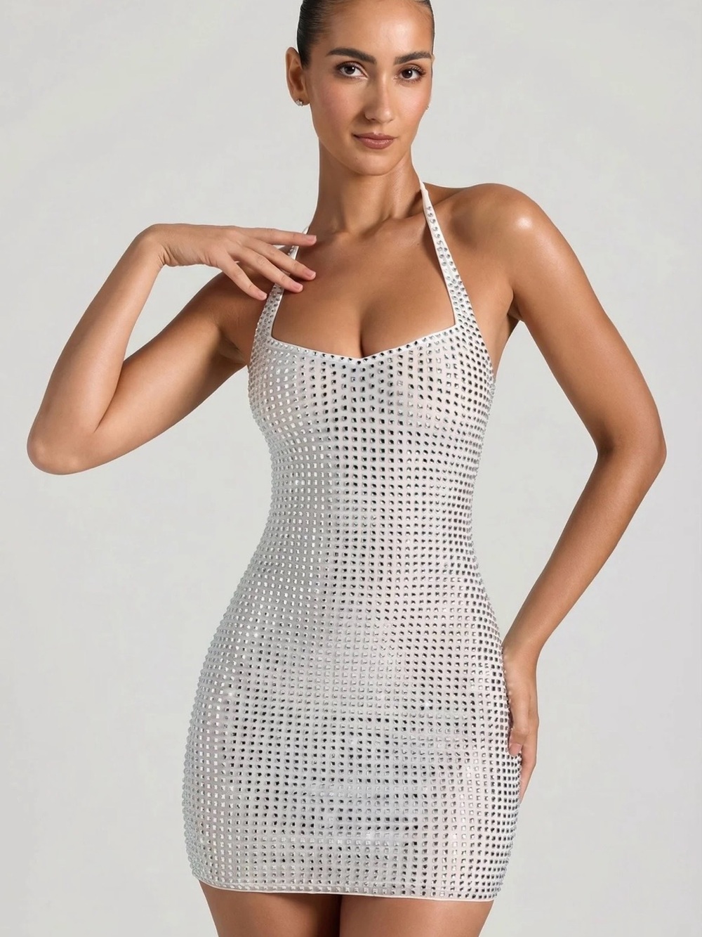 Oh Polly White Rhinestone Halter Mini Dress